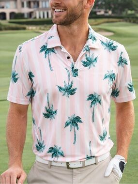 Kenny Flowers Men’s Business Lunch Golf Polo Pink Palm Tree Performance Shirt